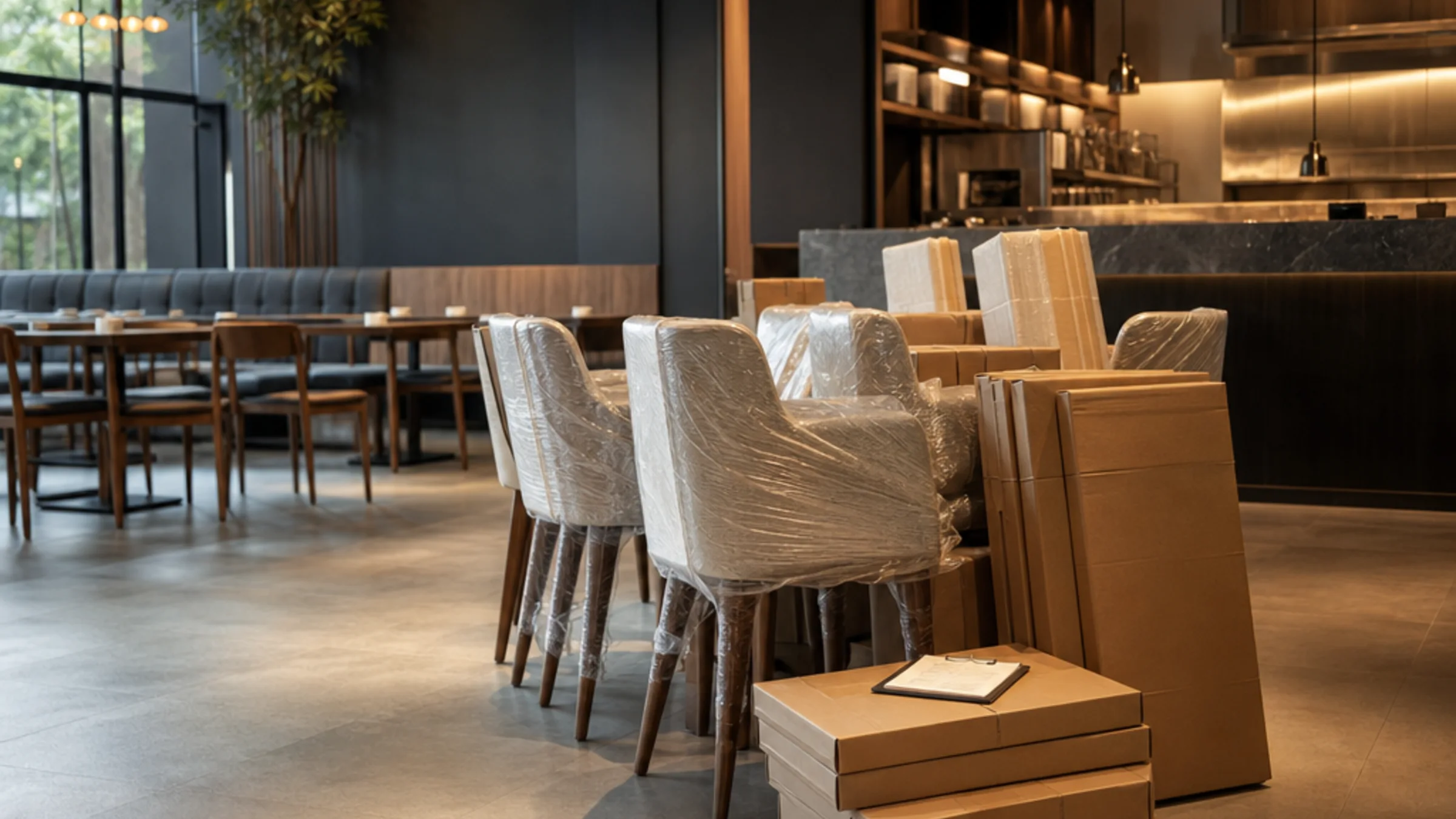 Illustrative restaurant interior with protected dining chairs staged before installation.