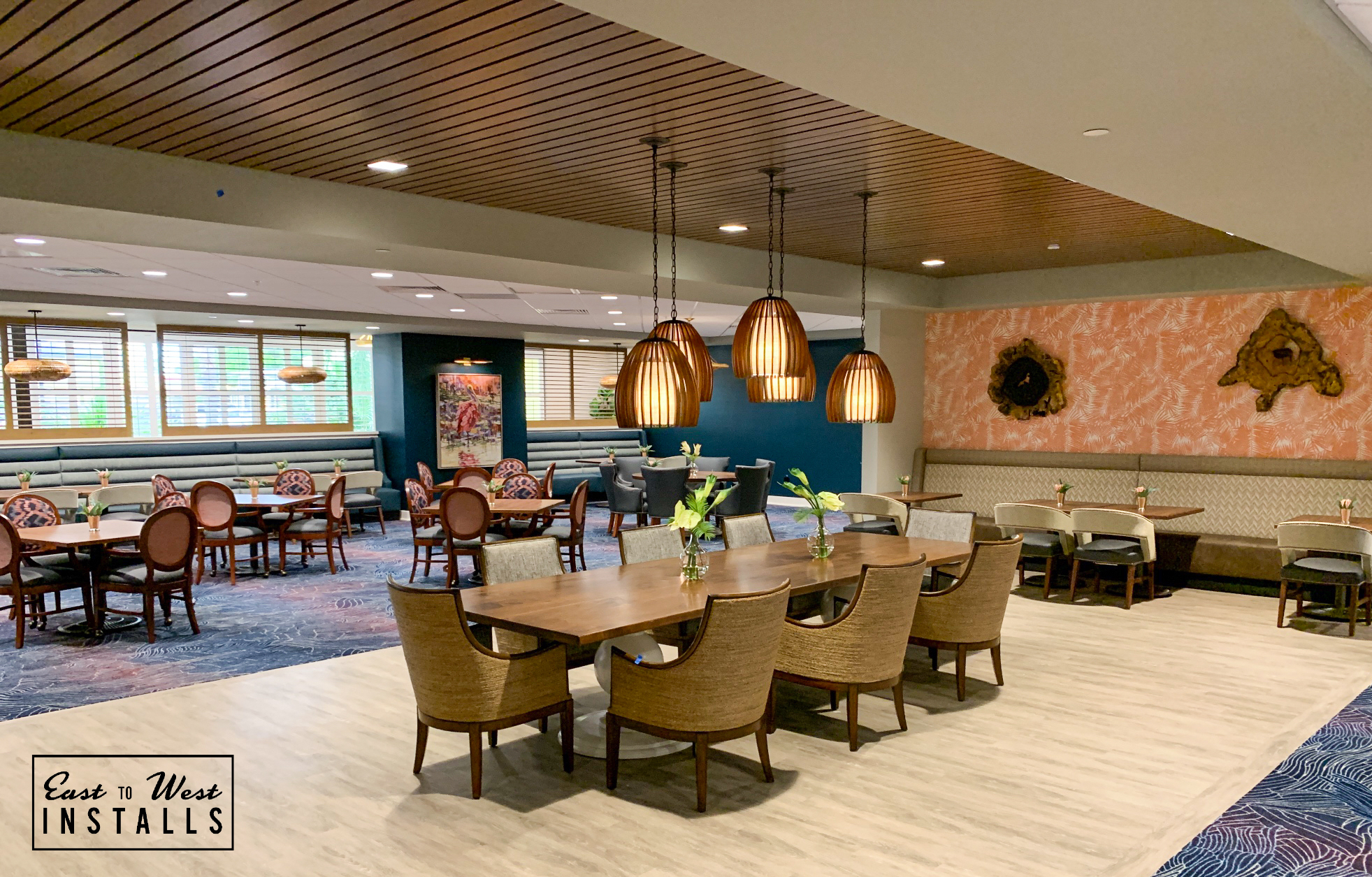 Dining — pendant lights, teal banquette